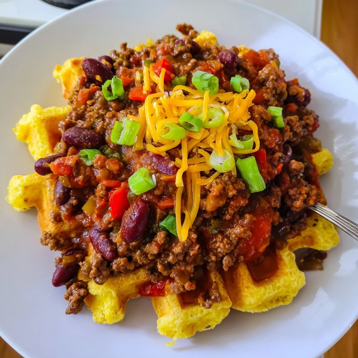 Savory beef chili with tender beans served atop a warm cornbread waffle and garnished.