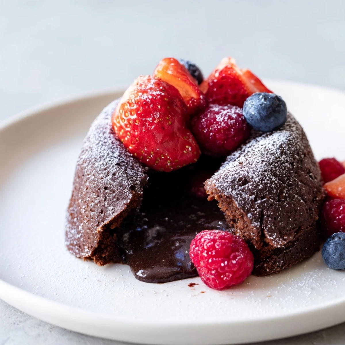 Plated individual Valentine Chocolate Lava Cake next to whipped cream, revealing a warm, flowing chocolate core and sweet mixed berries.