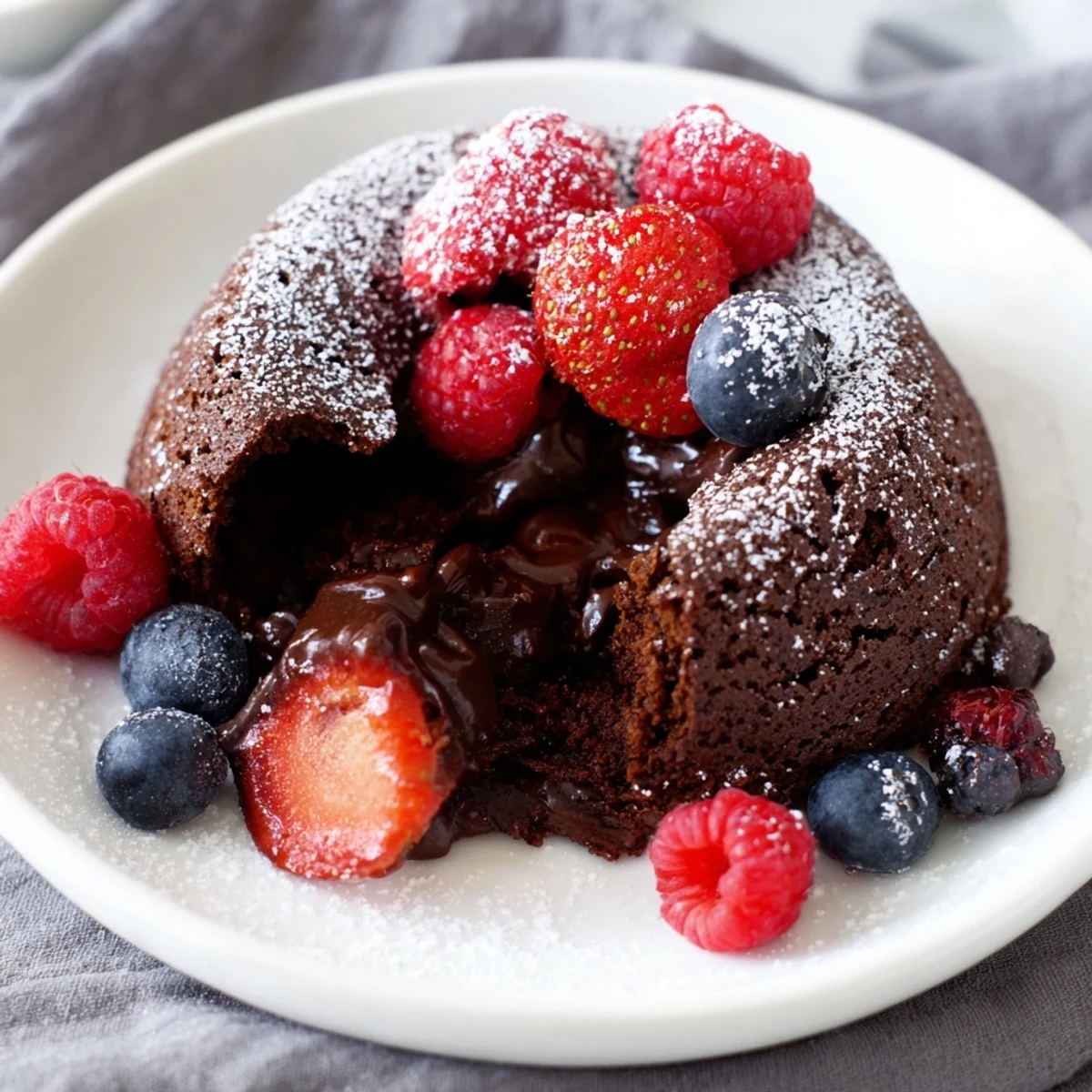 Freshly baked Valentine Chocolate Lava Cake dusted with powdered sugar, served warm with a side of blueberries and ripe strawberries.