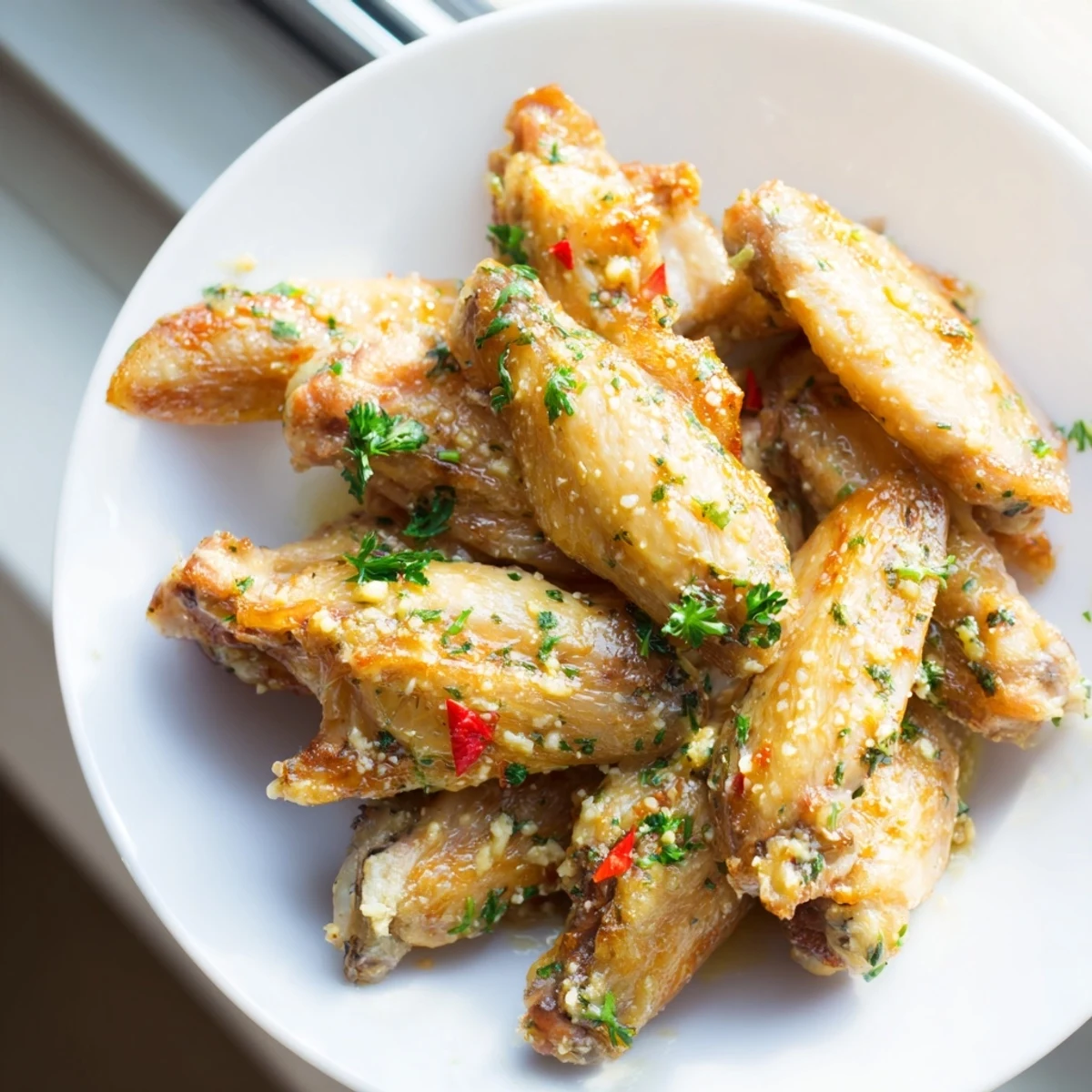 Golden brown Crispy Baked Chicken Wings with Garlic Parmesan resting on a wire rack with melted butter sauce.