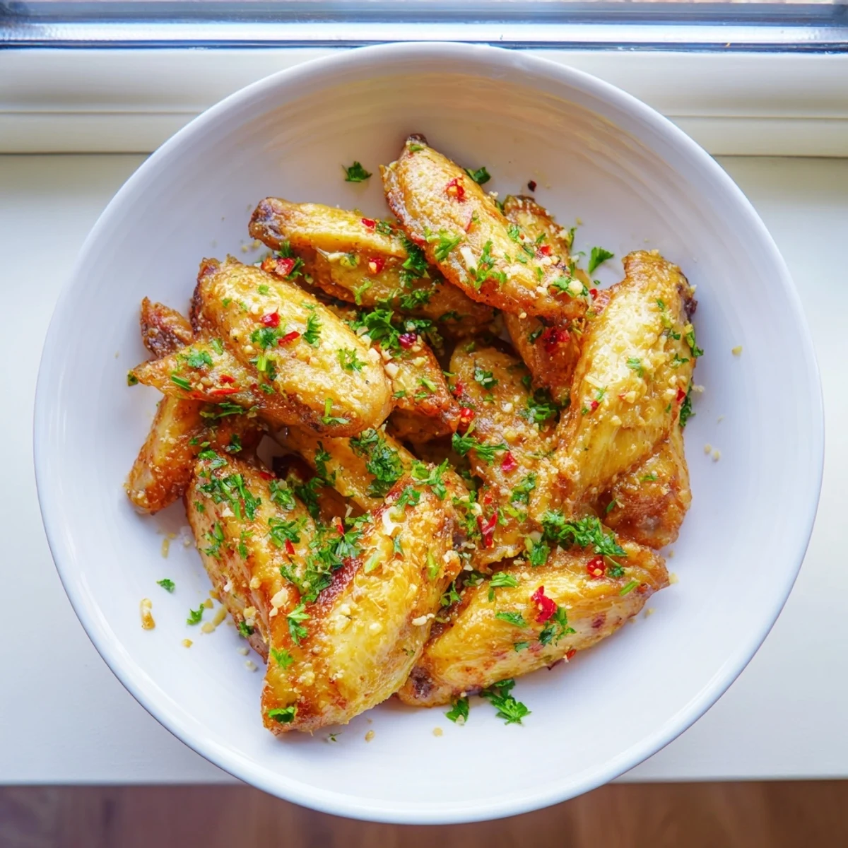 A close-up view of Crispy Baked Chicken Wings with Garlic Parmesan being tossed in a bowl with fresh parsley.