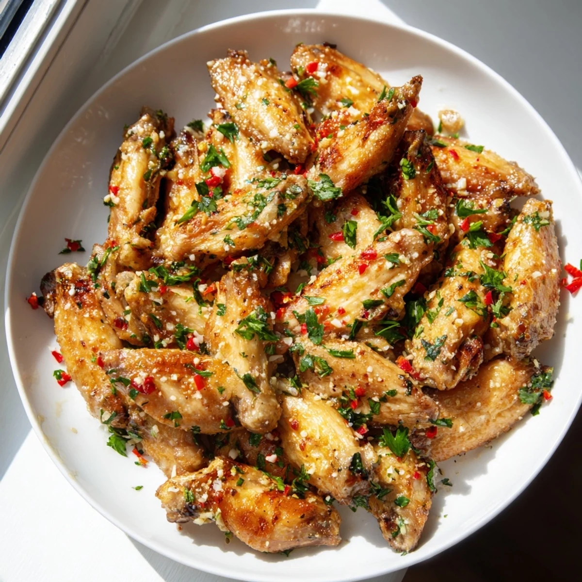 Platter of Crispy Baked Chicken Wings with Garlic Parmesan served alongside celery sticks and blue cheese dip.
