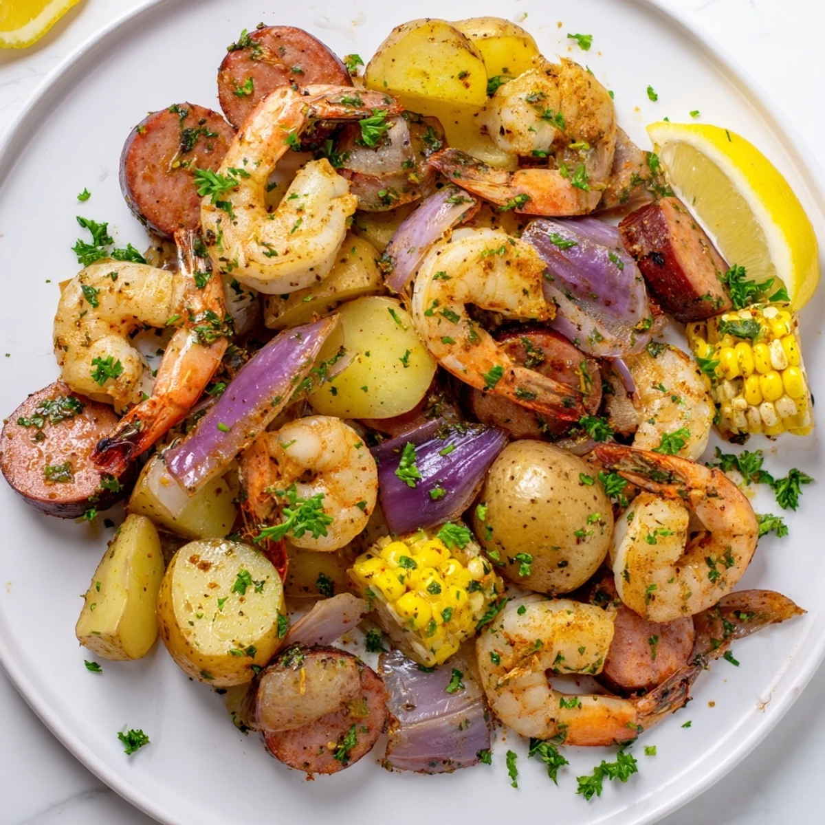 Sheet Pan Shrimp Boil with Corn and Potatoes roasted with smoky spices and served with lemon wedges.