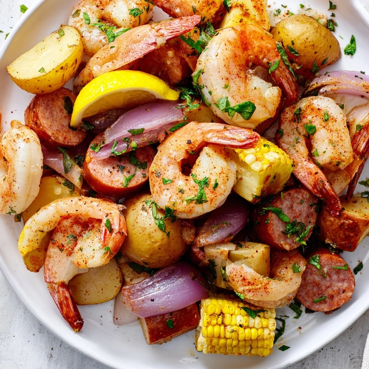 Serve the Sheet Pan Shrimp Boil with Corn and Potatoes family-style with crusty bread for soaking up juices.