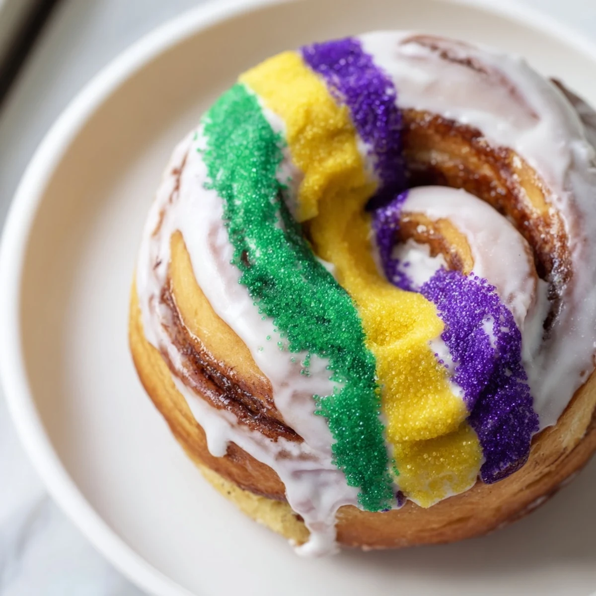 Freshly baked Mardi Gras King Cake Donuts with cinnamon swirls and colorful glaze on a cooling rack.