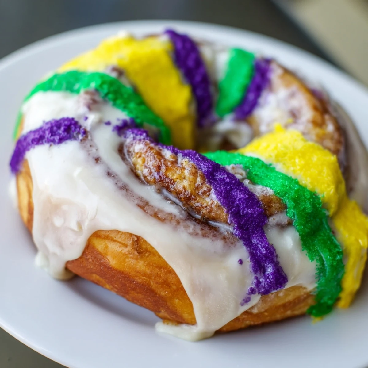 Warm Mardi Gras King Cake Donuts with purple, green, and gold sprinkles alongside a café au lait.