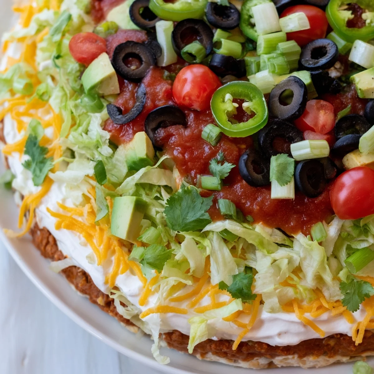 Colorful Ultimate Layered Taco Dip with refried beans, cream cheese, salsa, and fresh toppings next to crispy tortilla chips.