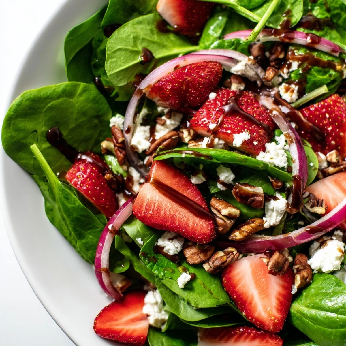 Strawberry Spinach Salad with Balsamic Vinaigrette garnished with crunchy pecans and thinly sliced red onion on a rustic plate.