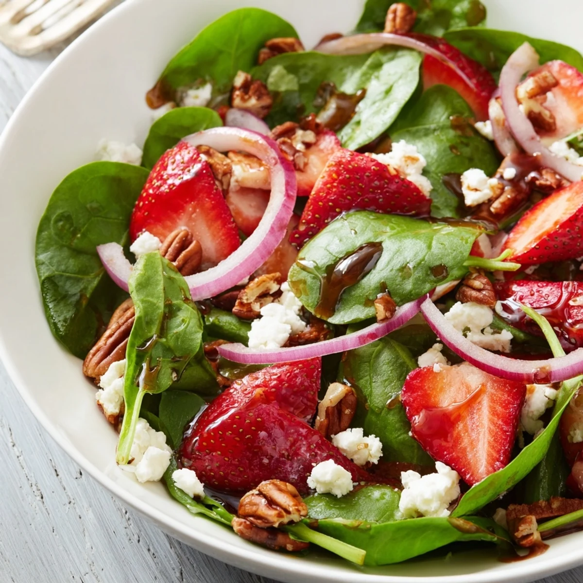 Fresh baby spinach topped with sliced strawberries and crumbled feta cheese, tossed in a glossy balsamic vinaigrette.