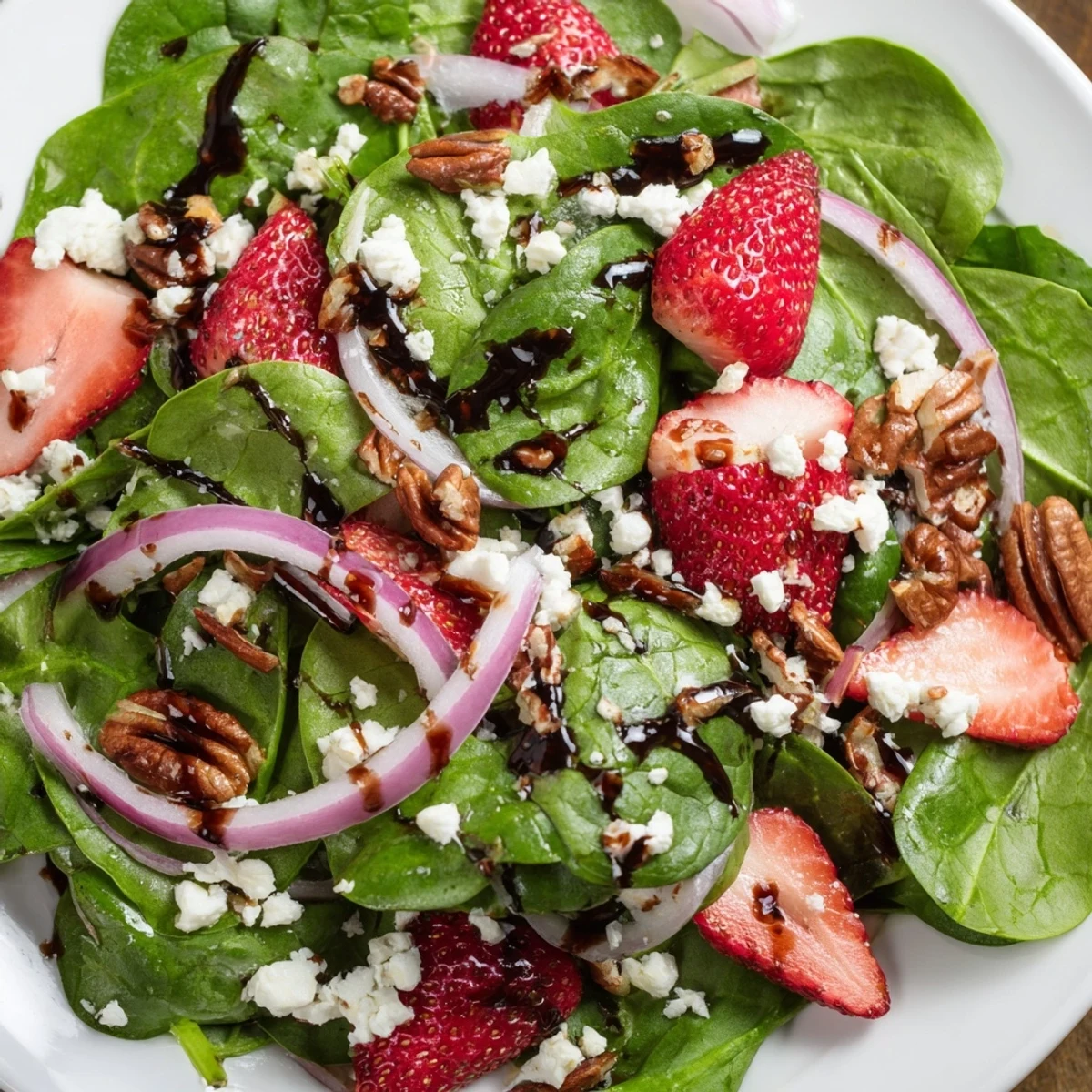 A vibrant serving of Strawberry Spinach Salad with Balsamic Vinaigrette, drizzled with dressing and ready for a summer meal.