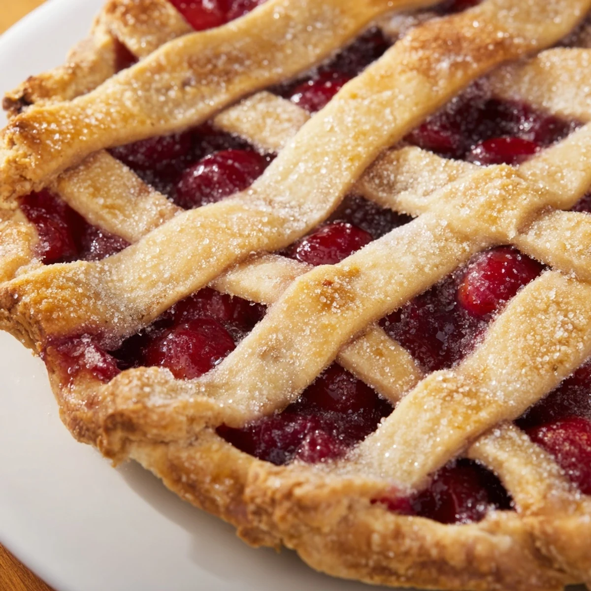 A close-up of a homemade cherry pie with a golden lattice crust, showcasing the vibrant red, juicy filling bubbling up at the edges.
