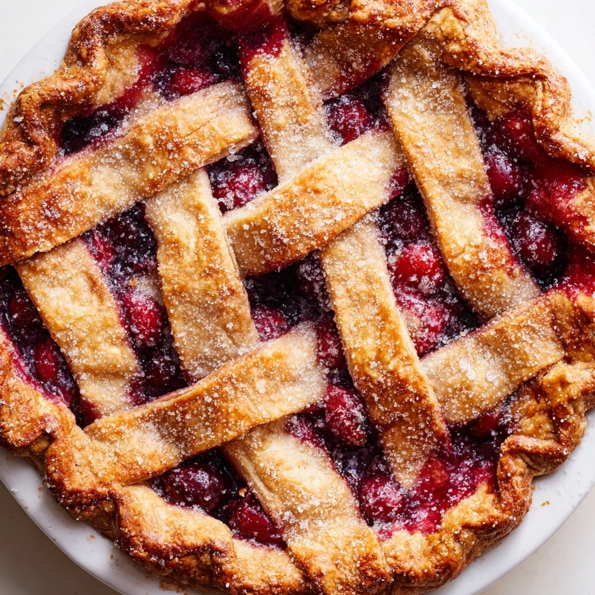 A golden-brown lattice crust on a rustic cherry pie, perfectly baked and ready to serve with a scoop of vanilla ice cream melting on top.