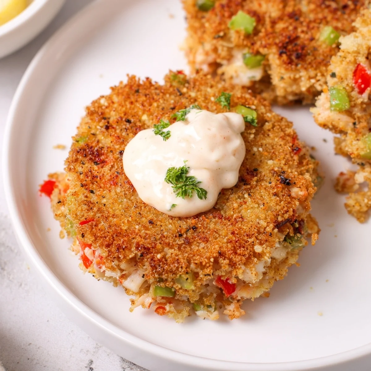 Crispy pan-seared Cajun Crab Cakes with Remoulade Sauce served hot alongside a creamy dipping sauce.  