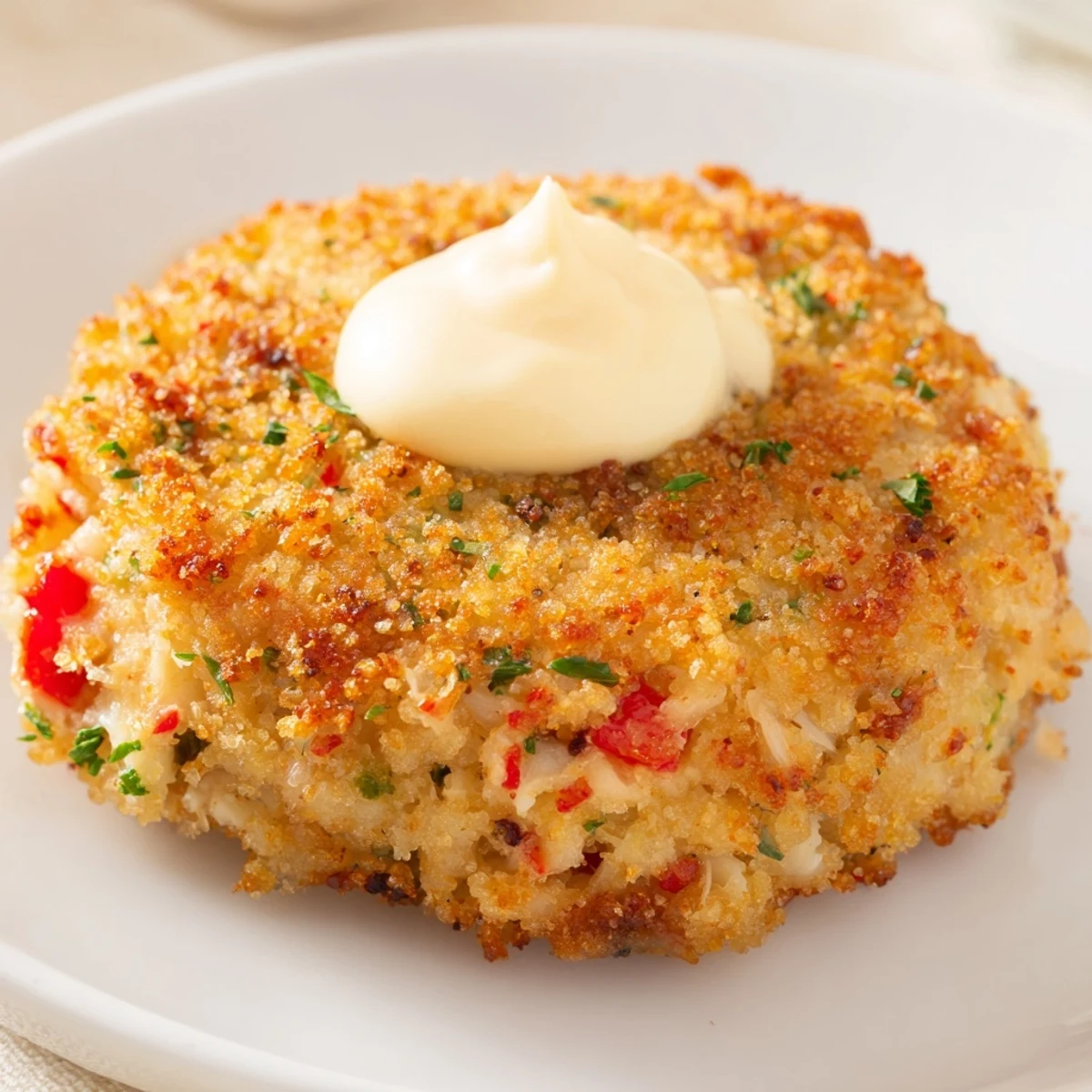 Golden-brown Cajun Crab Cakes with Remoulade Sauce rest on a white platter, garnished with fresh parsley and lemon wedges.  