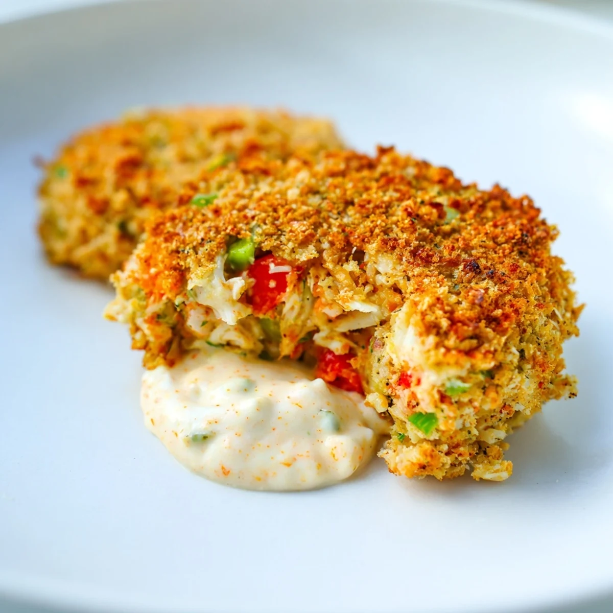 Freshly cooked Cajun Crab Cakes with Remoulade Sauce on a rustic plate with green onions and lemon.