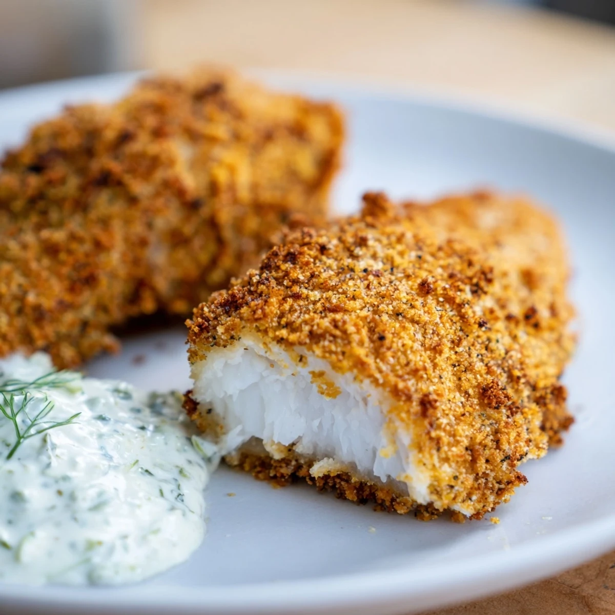 Golden-fried Louisiana style catfish fillets with crispy cornmeal crust, served with creamy homemade tartar sauce on a plate.