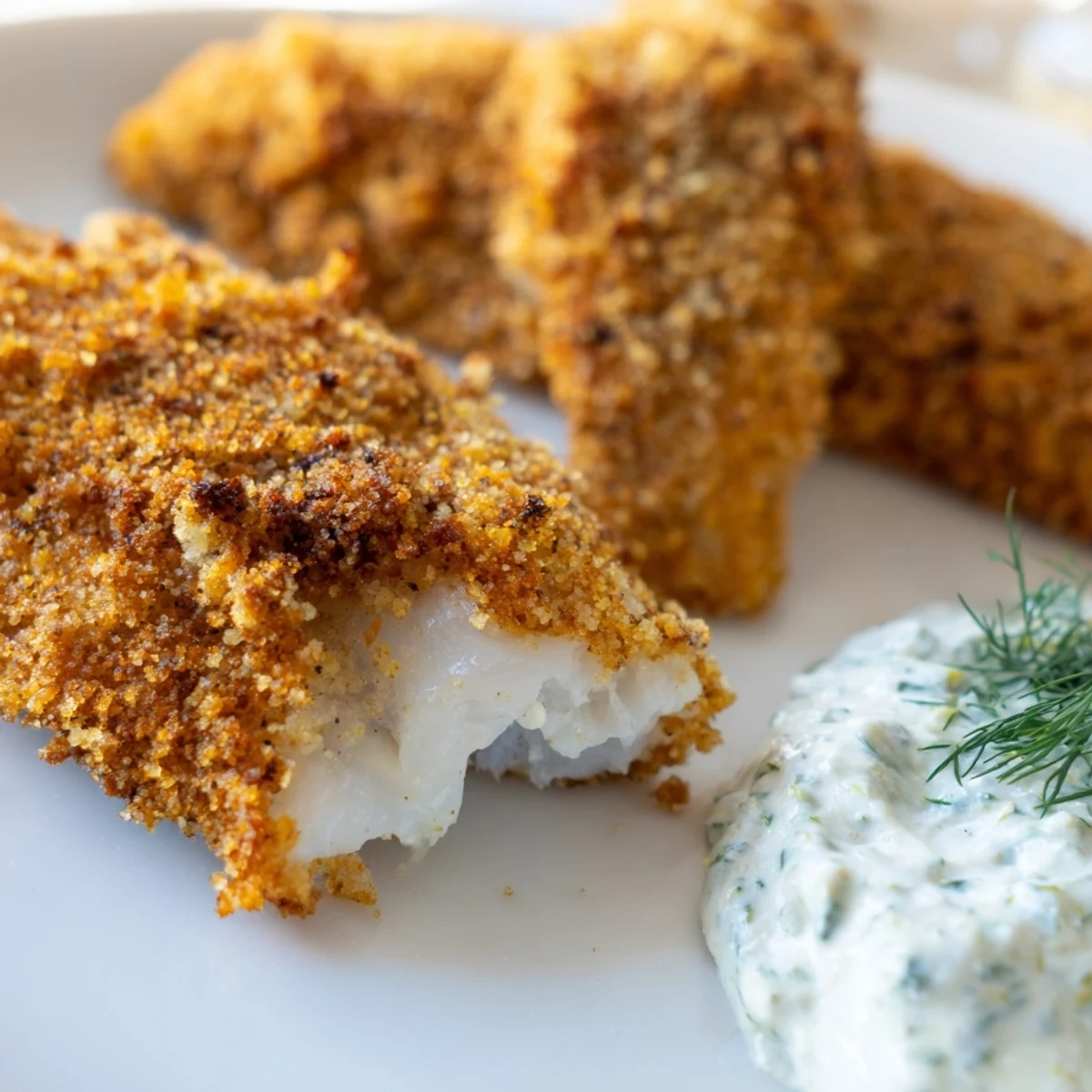 A plate of Cajun-spiced Louisiana style fried catfish beside a small bowl of tangy tartar sauce and lemon wedges.
