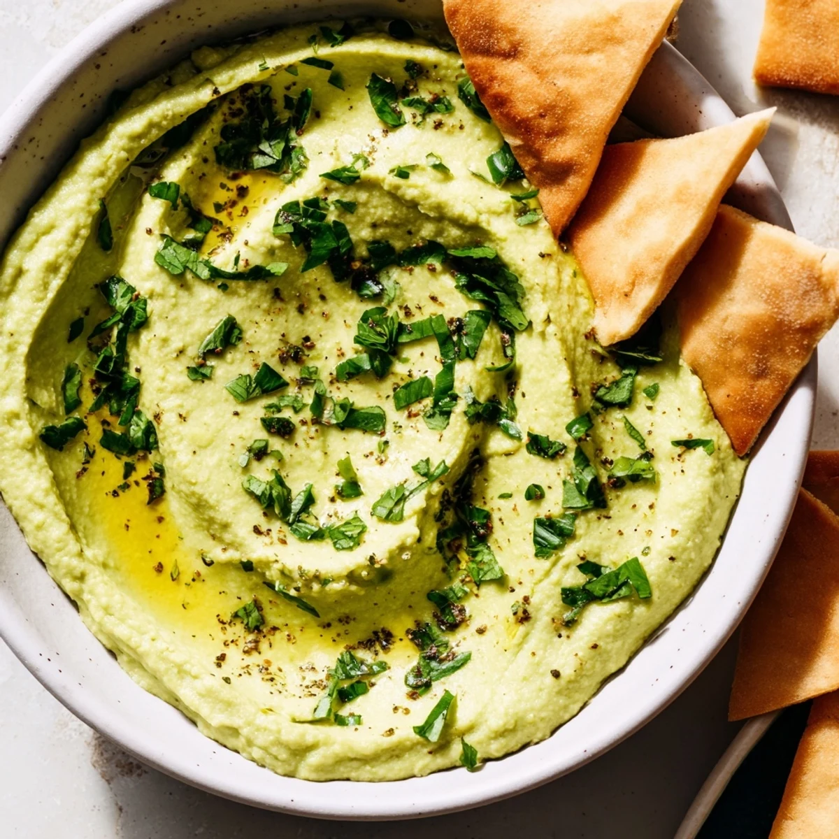 A close-up of creamy green avocado hummus in a rustic bowl, drizzled with olive oil and topped with fresh herbs, alongside golden baked pita chips.  