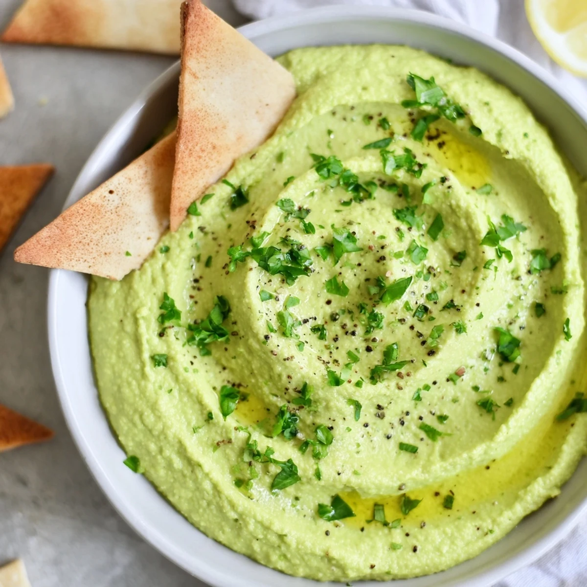 Bright green avocado hummus garnished with cilantro and a lime wedge, served with crisp pita triangles for dipping on a wooden board.  