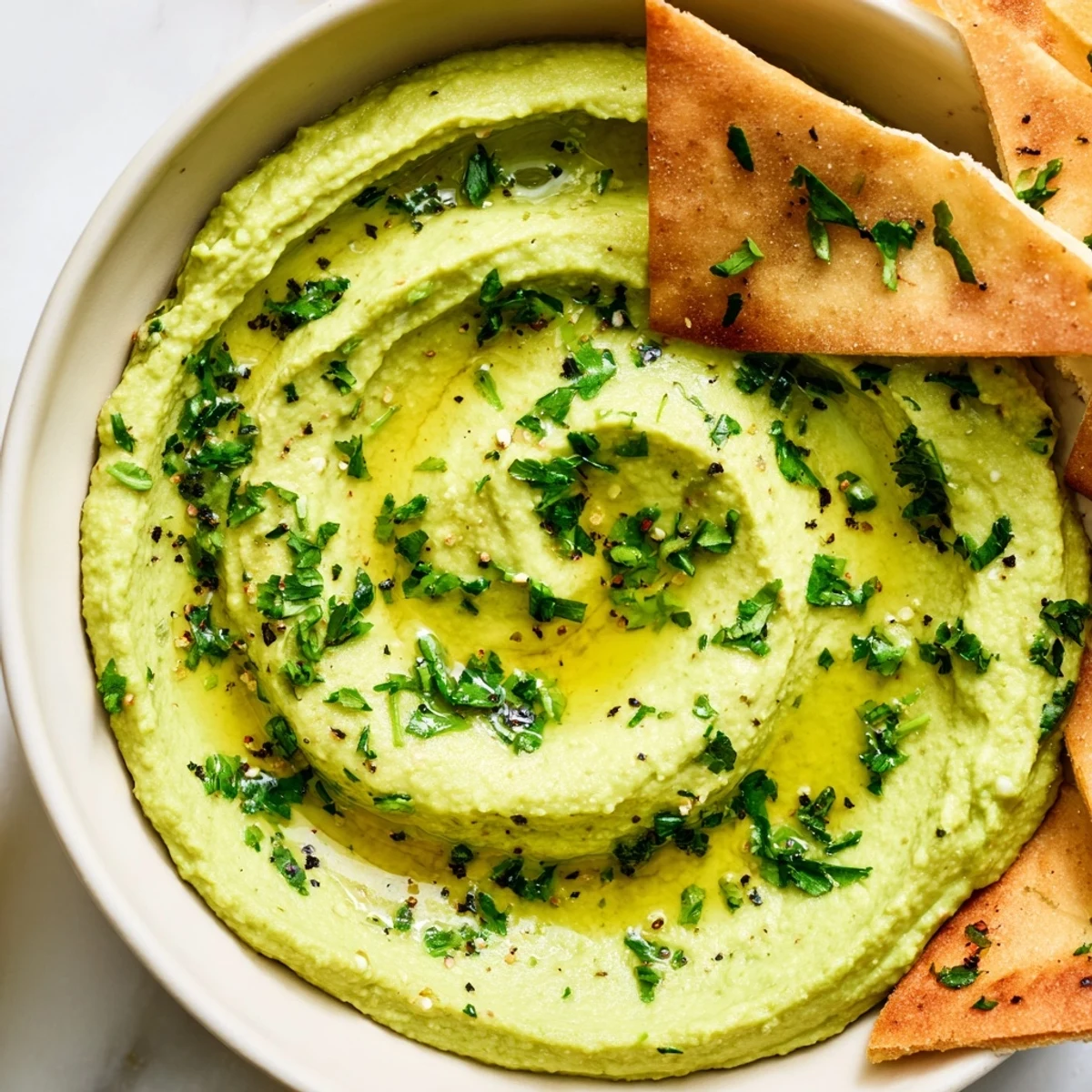 Vibrant Mediterranean appetizer: a bowl of smooth avocado chickpea hummus paired with crunchy oven-baked pita chips, perfect for snacking.