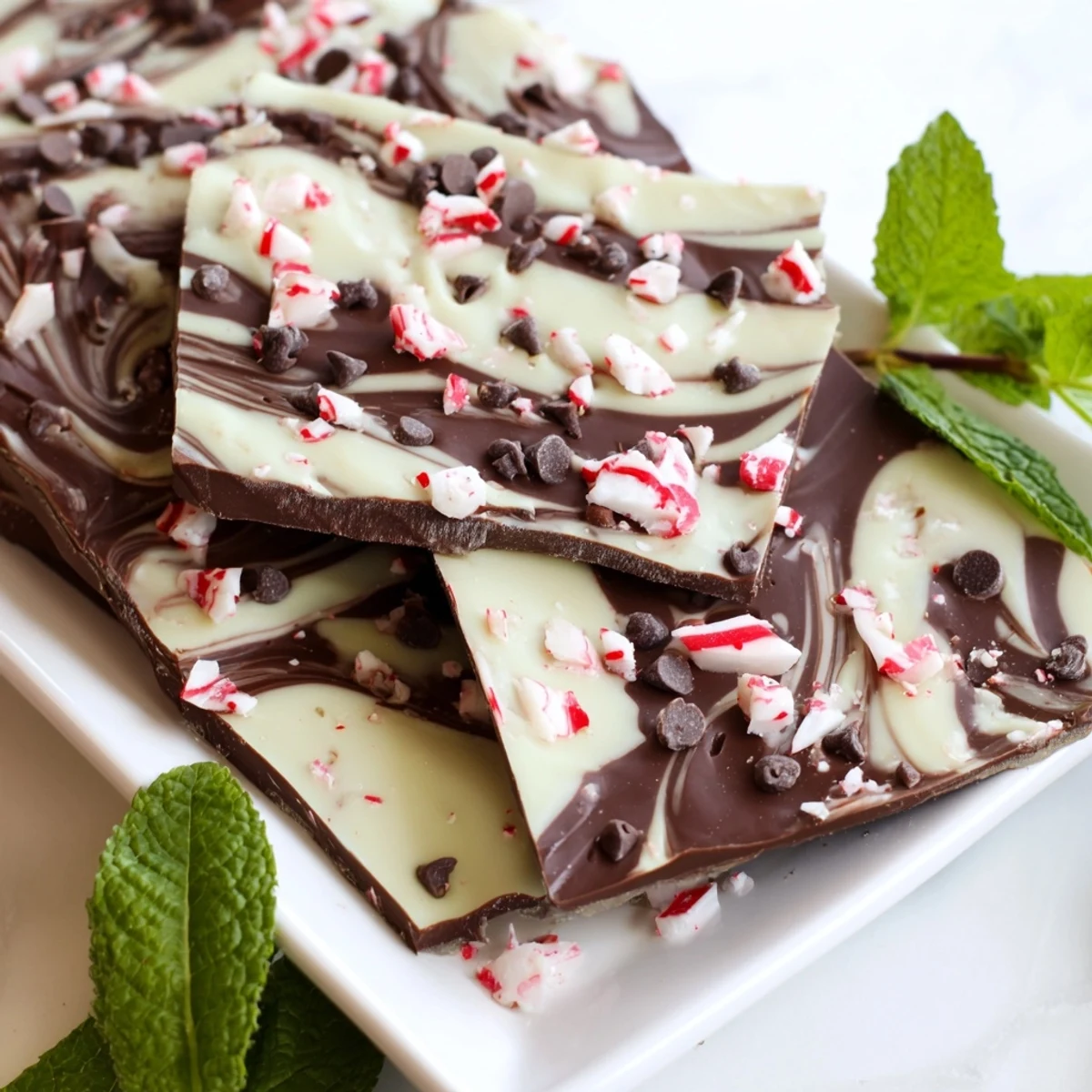 A close-up of homemade Mint Chocolate Bark with White Chocolate Swirl, showcasing the dark chocolate base, marbled white chocolate, and crushed peppermint candies.