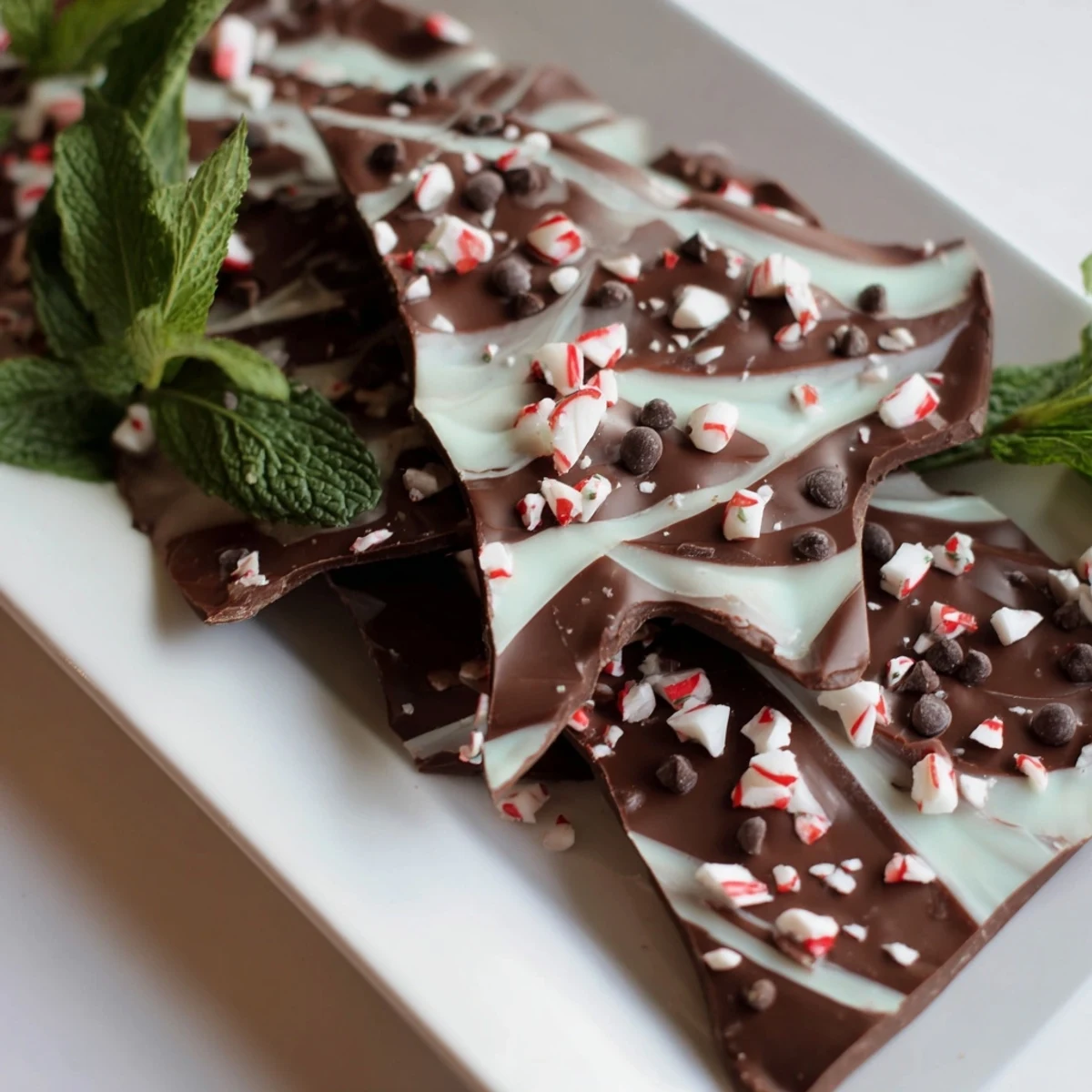 A festive holiday platter featuring broken pieces of Mint Chocolate Bark with White Chocolate Swirl, garnished with fresh mint leaves for a refreshing treat.