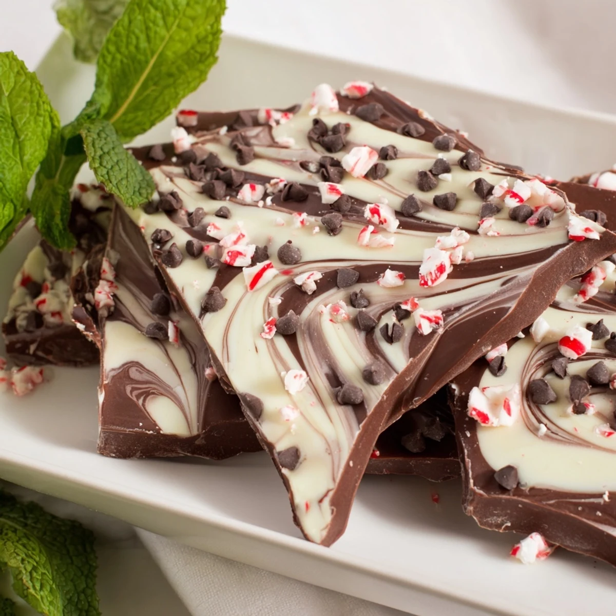 Dark chocolate shards with peppermint flavor and creamy white chocolate swirls, perfect for gifting or serving with a warm cup of coffee.