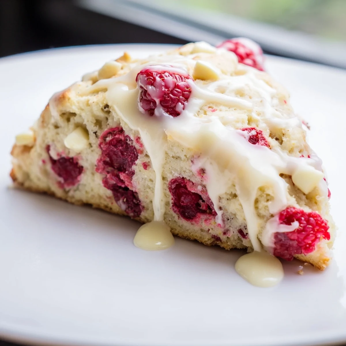 Warm Raspberry White Chocolate Scones drizzled with glaze, featuring juicy berries and creamy chocolate chunks on a rustic plate.