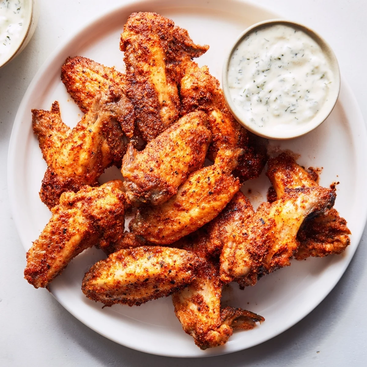 Golden-brown Spicy Chicken Wings with Ranch Dressing on a platter, served with celery sticks for a classic pairing.