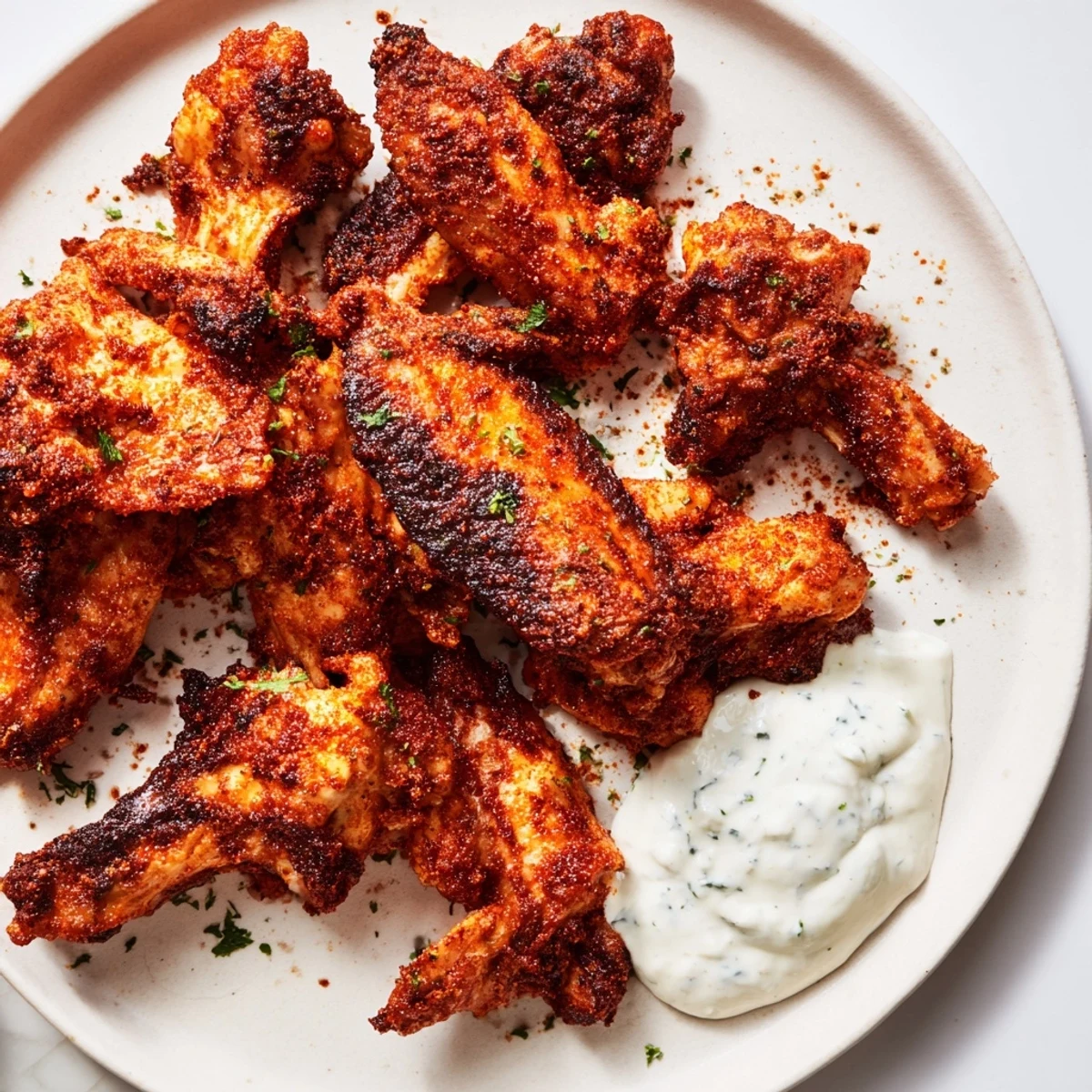 Golden Spicy Chicken Wings with Ranch Dressing garnished with fresh chives, showcasing a crispy texture and creamy dip.
