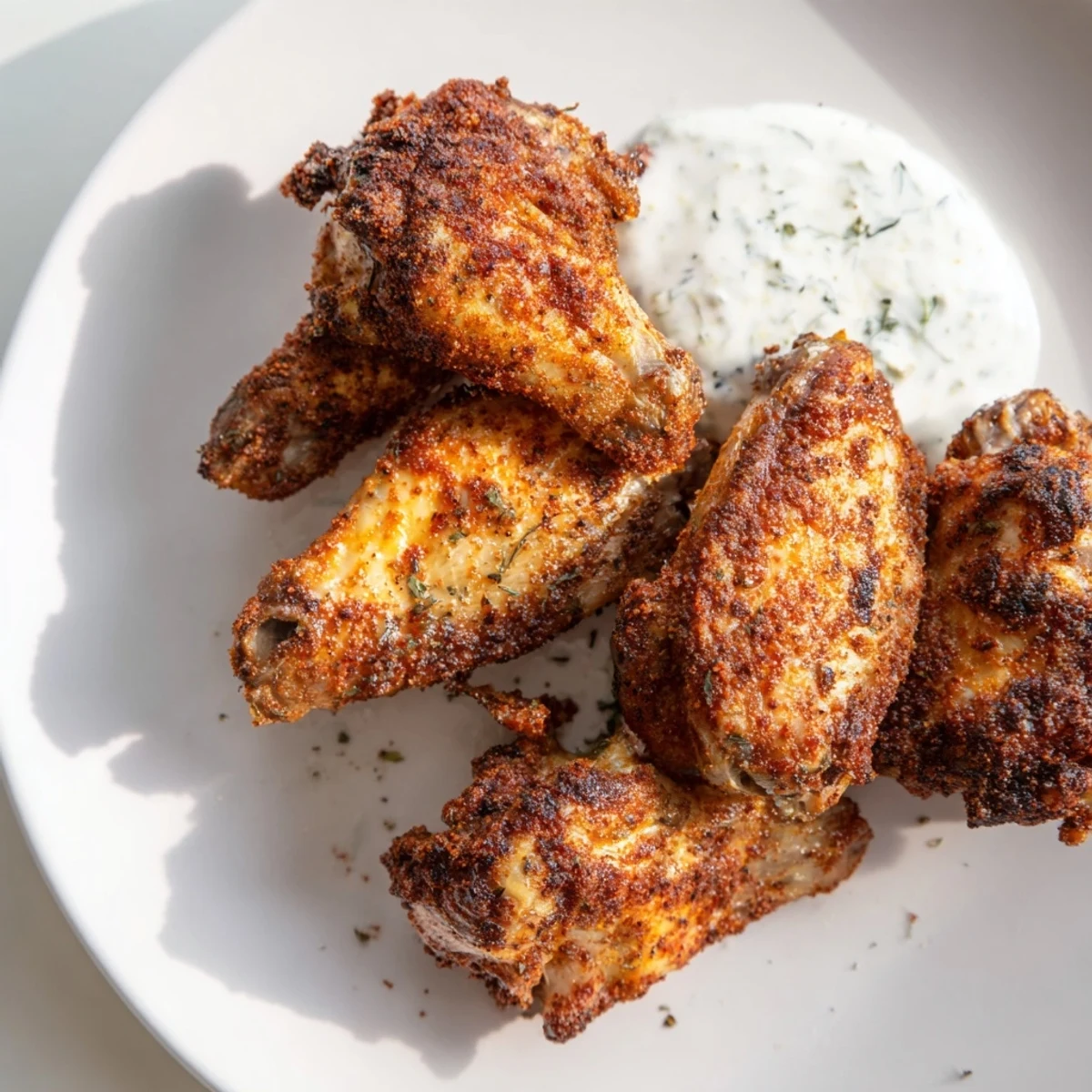 Freshly baked Spicy Chicken Wings with Ranch Dressing, highlighting a spicy rub and a cool, creamy homemade dip.