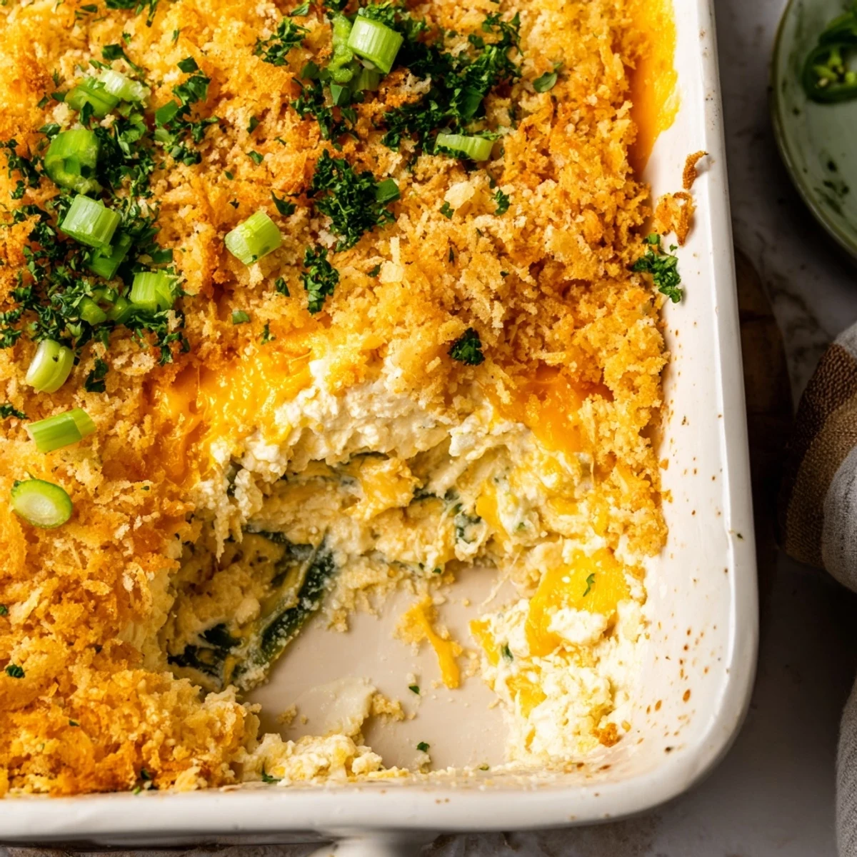 Warm, bubbly Jalapeño Popper Dip with Cream Cheese, golden panko crumbs, and fresh parsley garnish on a rustic plate.  
