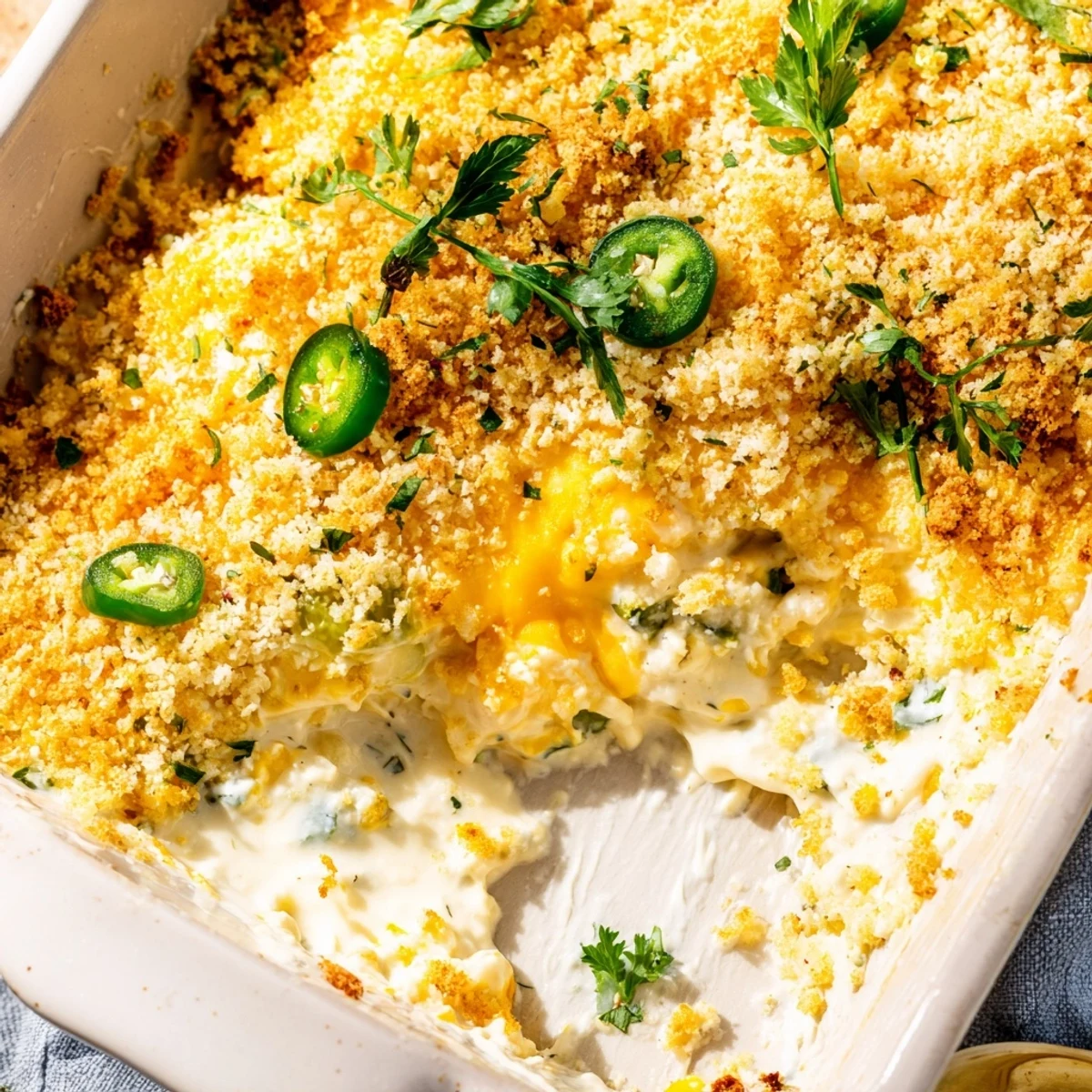 Creamy, cheesy Jalapeño Popper Dip bubbling from the oven, garnished with chopped jalapeños and served with tortilla chips.  