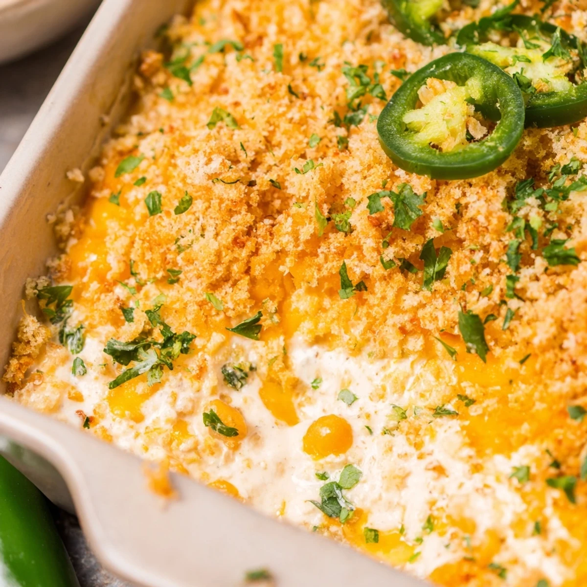 Spicy Jalapeño Popper Dip with Cream Cheese alongside toasted baguette slices, ready for game day snacking or parties.
