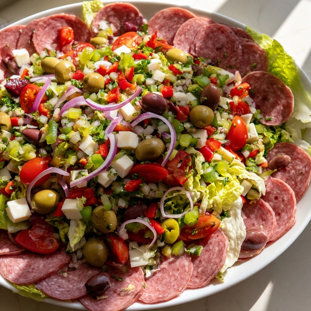 A colorful bowl of New Orleans Muffuletta Salad with crunchy celery, roasted red peppers, and a zesty Italian dressing, ready to serve for lunch.