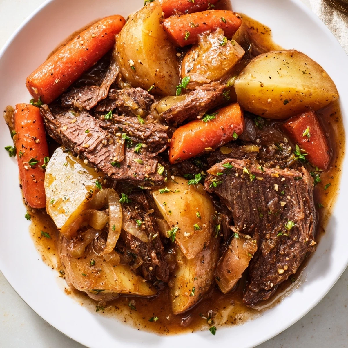 Hearty Irish Beef Pot Roast with Carrots and Potatoes in a Dutch oven, surrounded by golden potatoes and glazed carrots.