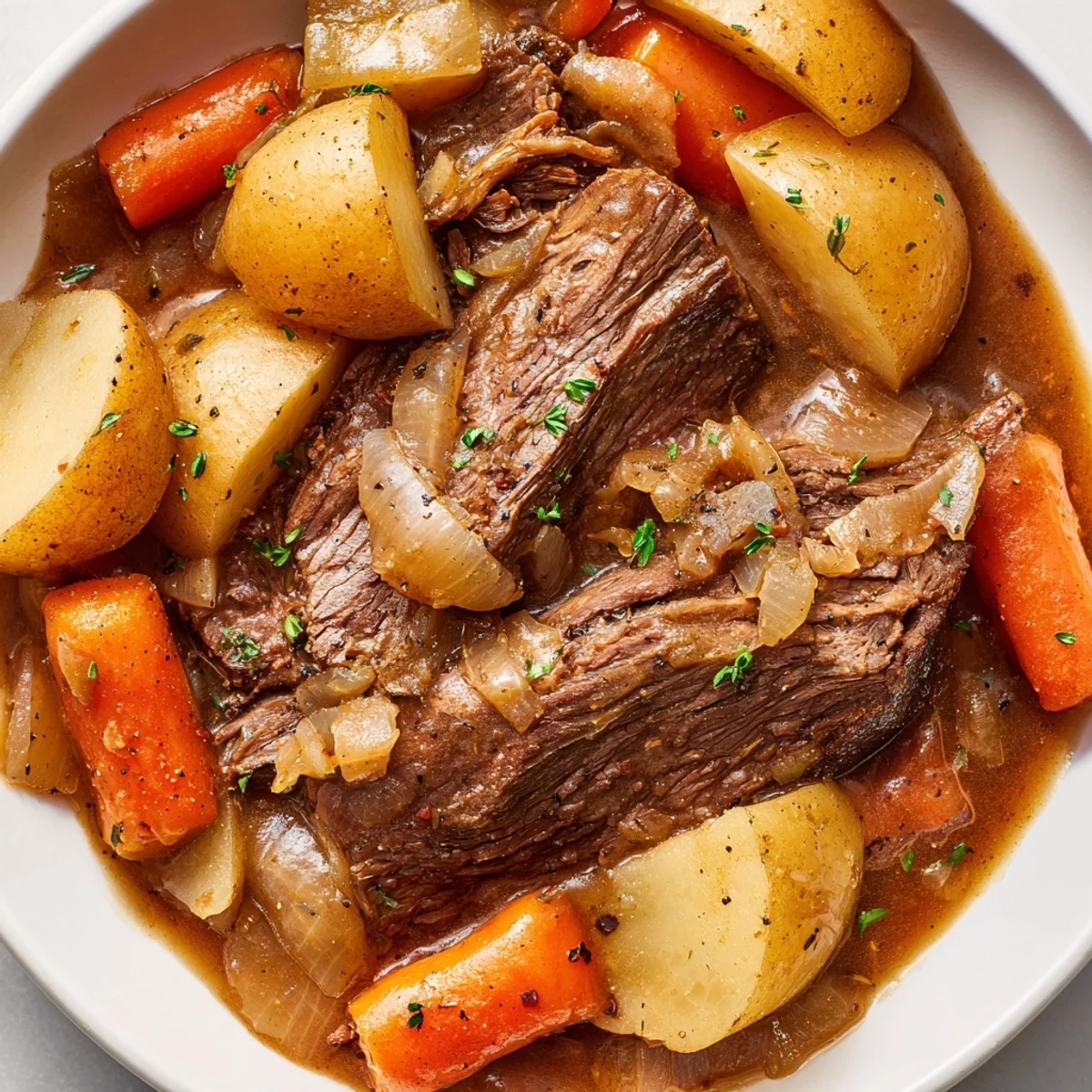 A comforting plate of Irish Beef Pot Roast with Carrots and Potatoes, sliced beef and vegetables draped in thick gravy.