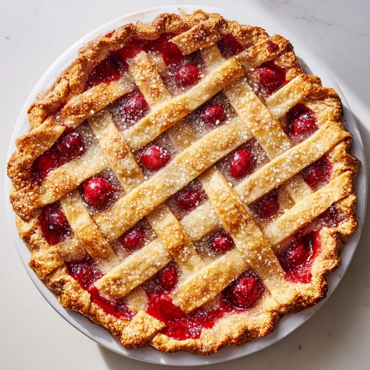 Freshly baked Cherry Pie with Lattice Crust and Sugar peeks from a rustic tin, revealing ruby-red cherry filling bubbling through golden, flaky lattice strips.