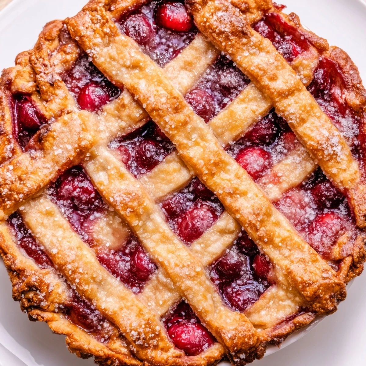 Sliced wedge of Cherry Pie with Lattice Crust and Sugar rests on a white plate beside a scoop of melting vanilla ice cream.