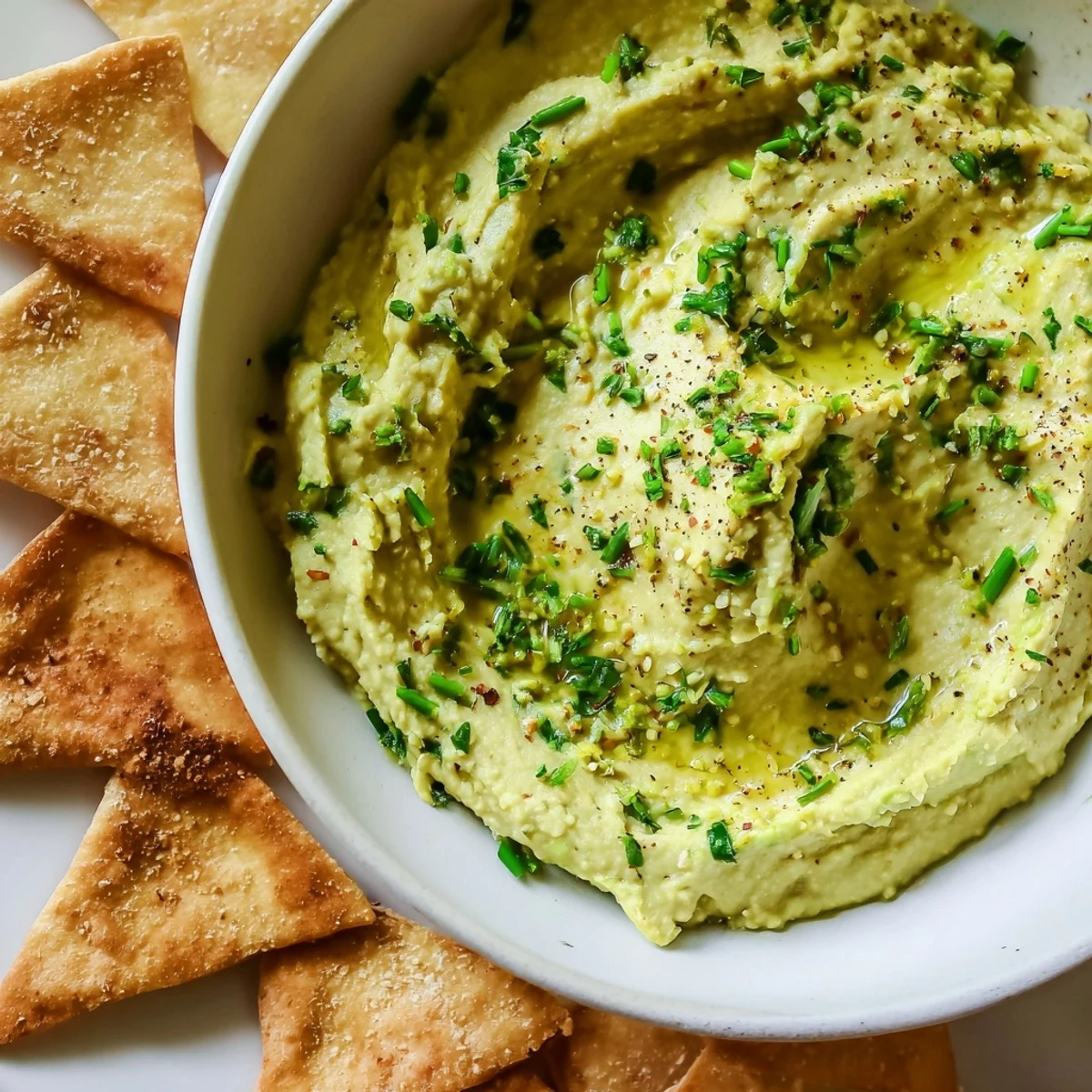 Creamy avocado hummus garnished with fresh herbs, paired alongside crunchy pita chips on a rustic serving platter.