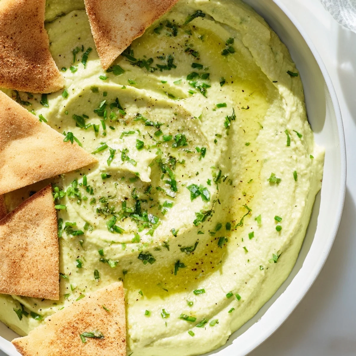 Homemade Green Avocado Hummus with smooth texture and olive oil drizzle, accompanied by warm pita chips for snacking.