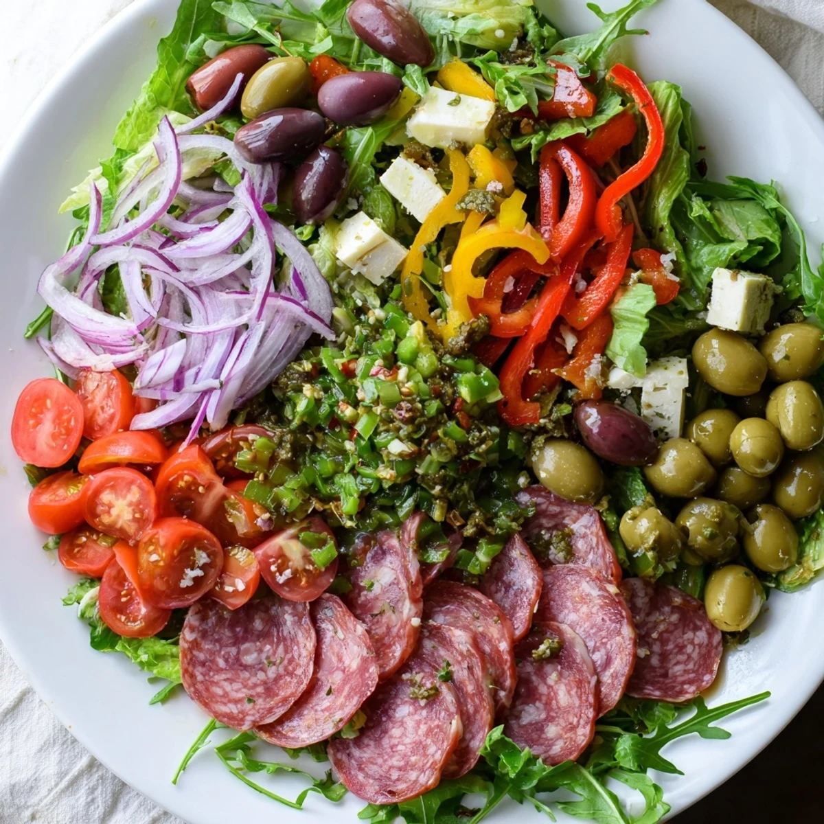 Fresh New Orleans Muffuletta Salad with olives, cured meats, and provolone in a tangy dressing.