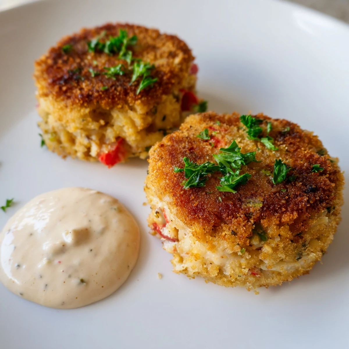 Close-up view of Cajun Crab Cakes with Remoulade Sauce showing flaky lump crab meat and a tangy dip.