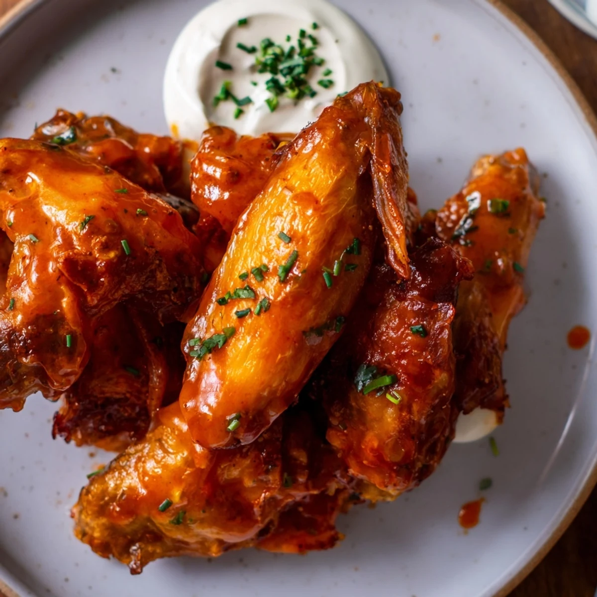 Golden-brown, crispy oven-baked chicken wings tossed in a fiery homemade hot sauce, served with a bowl of creamy ranch dressing for dipping.