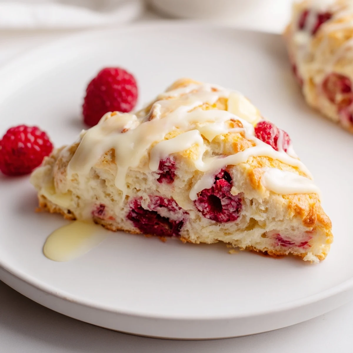 Freshly baked Raspberry White Chocolate Scones with Glaze, showing golden brown edges and bright red berries nestled in the tender crumb.