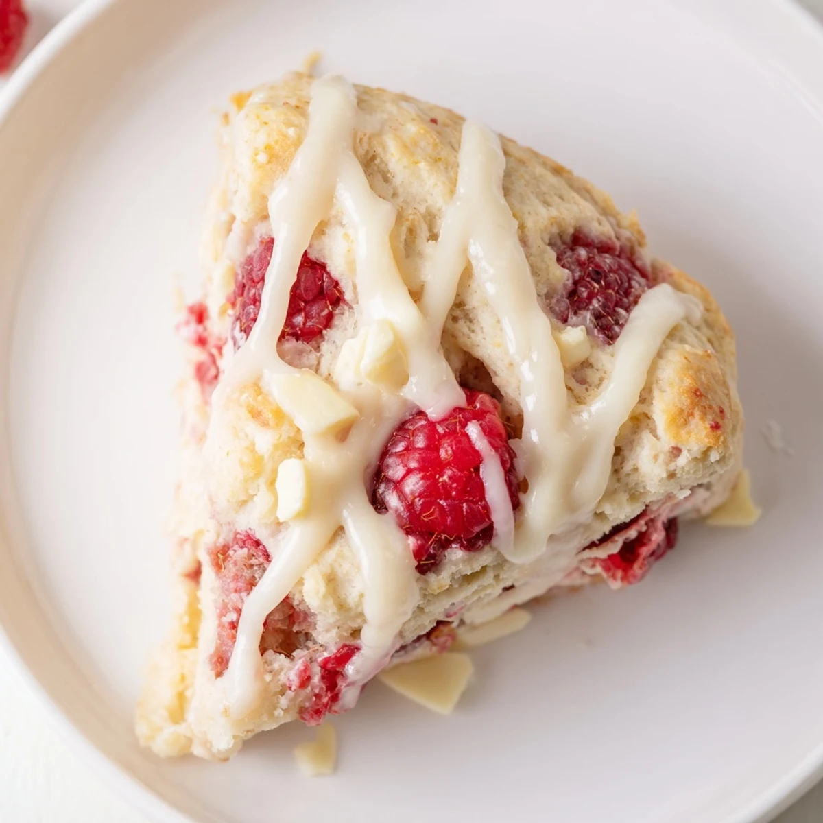 Warm Raspberry White Chocolate Scones with Glaze drizzled over the top, served on a rustic wooden board for breakfast or brunch.