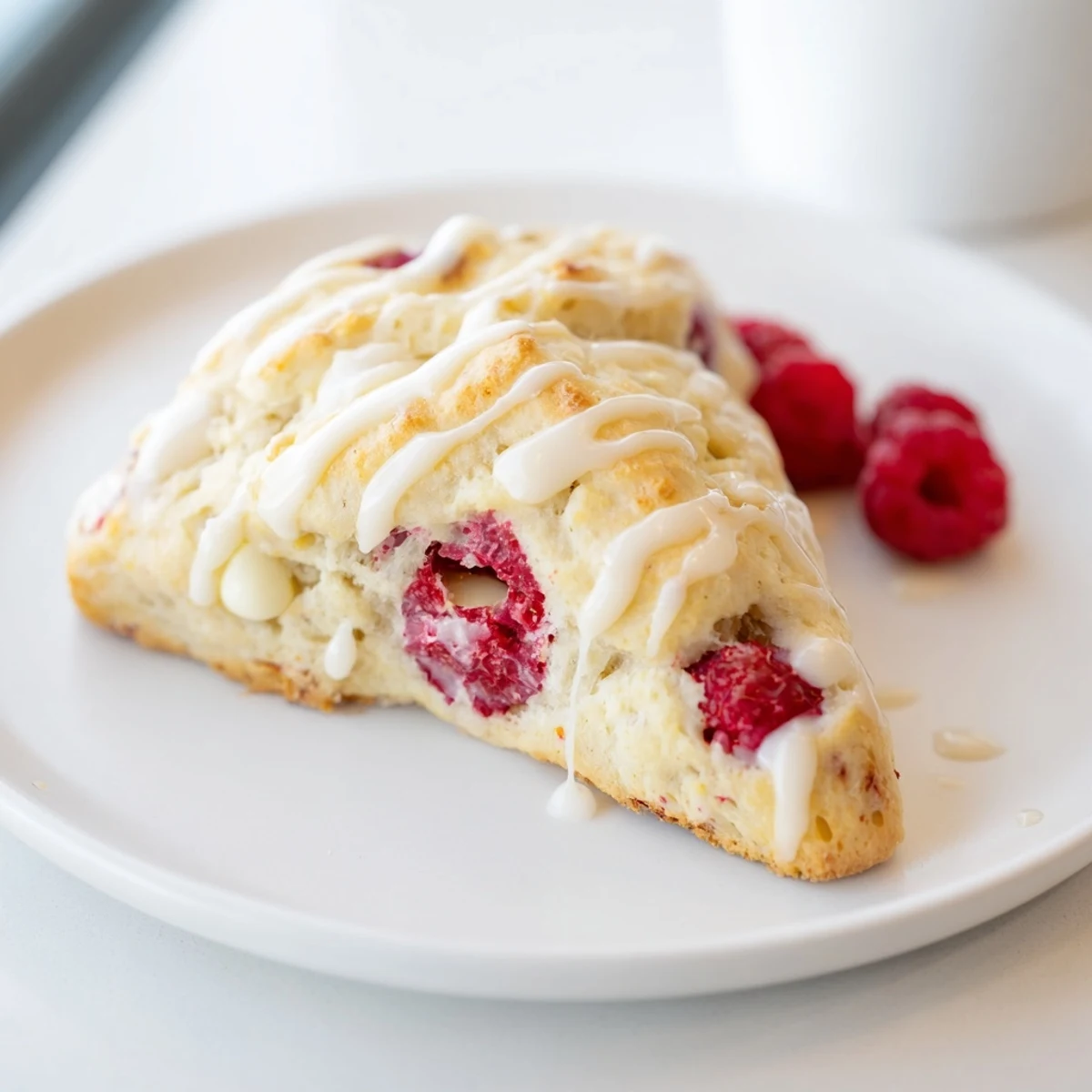 Close-up shot of a Raspberry White Chocolate Scone with Glaze, revealing creamy white chocolate chunks and juicy raspberry filling inside.