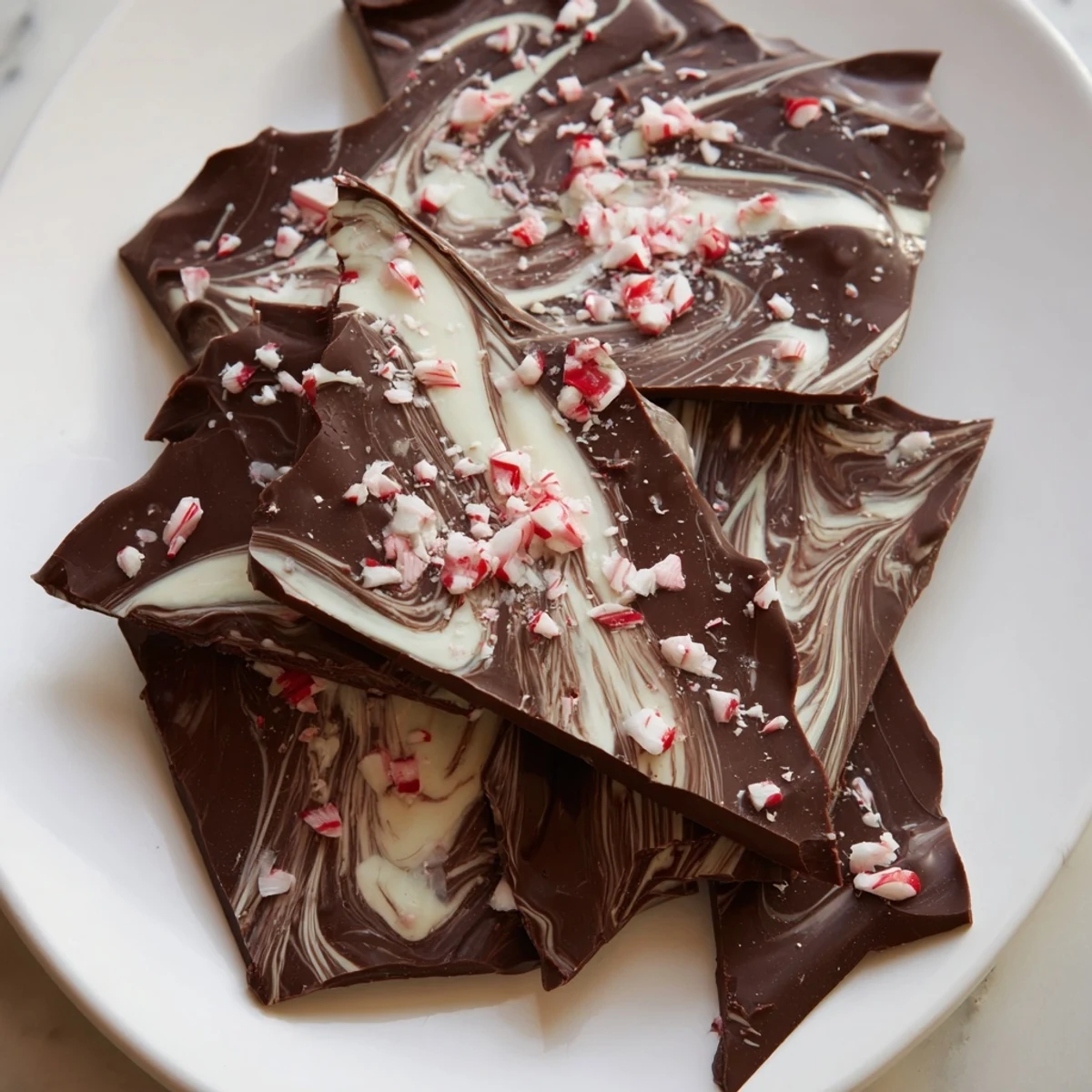 Festive Mint Chocolate Bark with White Chocolate Swirl on a marble board, topped with crushed candy canes, ready for holiday gifting.