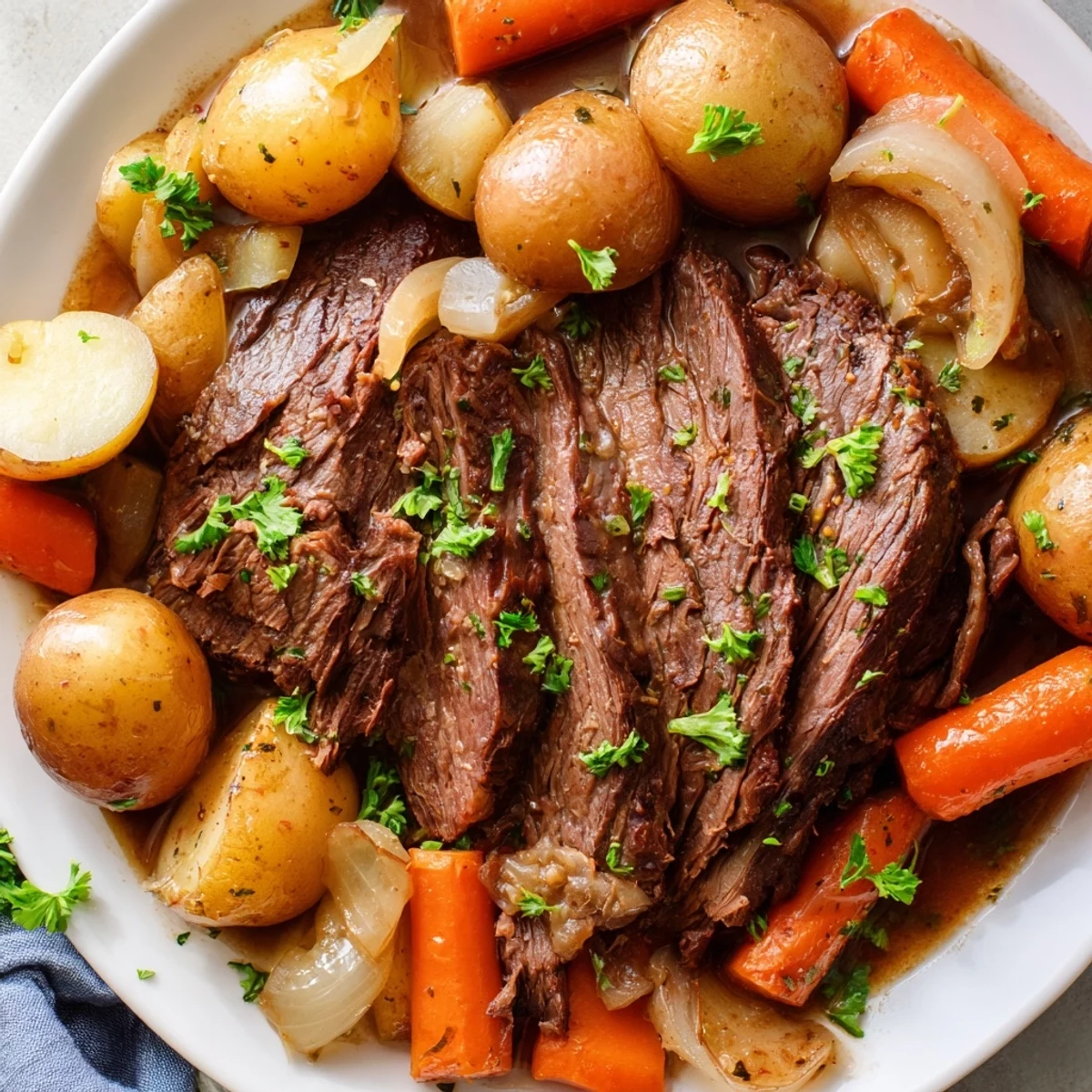 A steaming Dutch oven reveals shredded Irish Beef Pot Roast alongside sweet carrots and creamy baby potatoes in gravy.