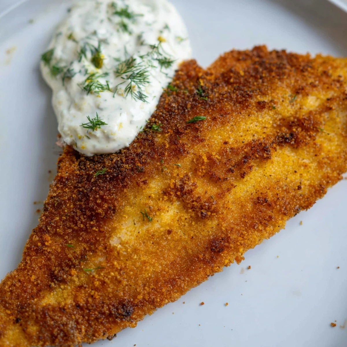 Golden fried catfish fillets drizzled with creamy tartar sauce on a white plate.  